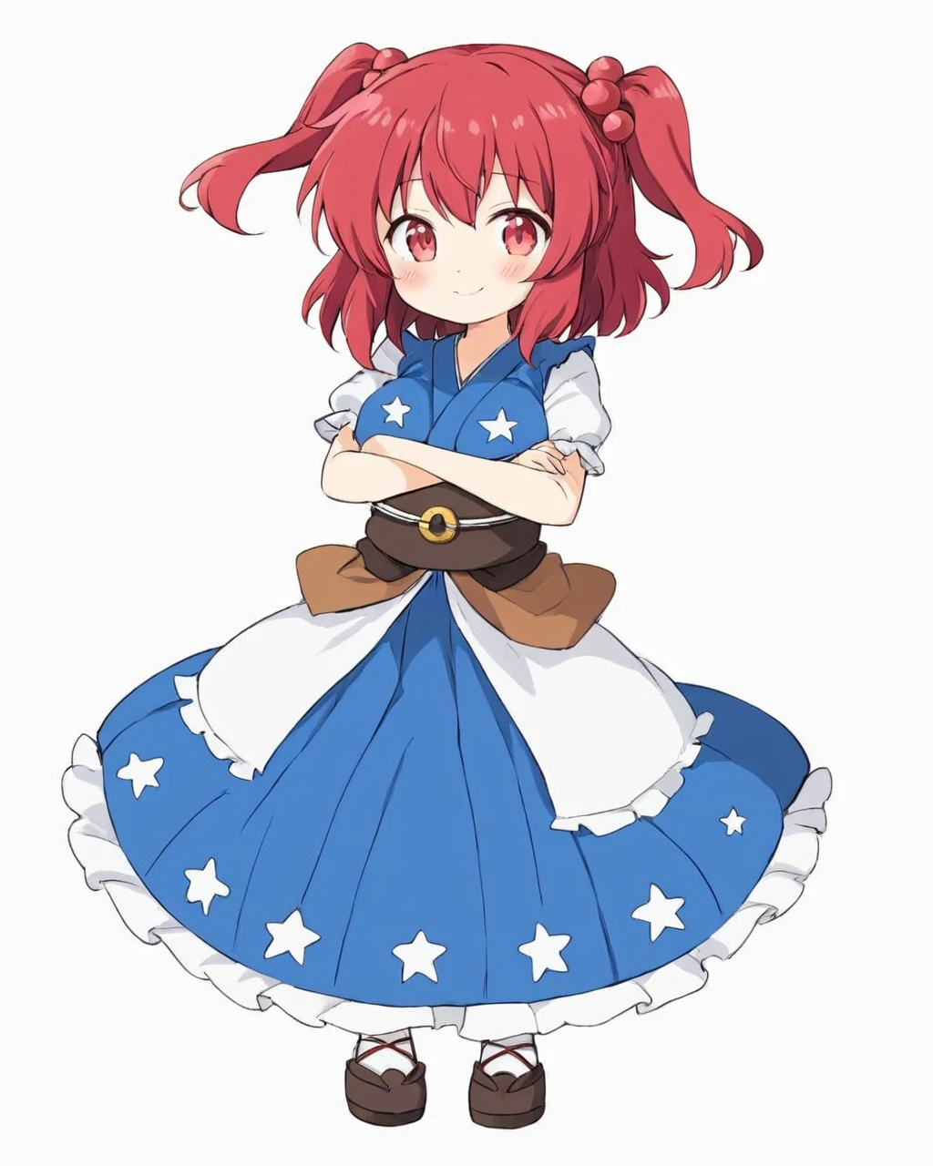 onozuka komachi,1girl, solo, hair_bobbles, white_background, one-hour_drawing_challenge, simple_background, two_side_up, smile, blue_dress, closed_mouth, full_body, blush_stickers, crossed_arms, standing, sash, puffy_short_sleeves
<lora:onozuka_komachi_image2870_2023-12-14-000008:1>,star-shaped_pupils,symbol-shaped_pupils,. gorgeous,key visual, vibrant, studio anime,award-winning, professional, highly detailed,high budget, cinemascope