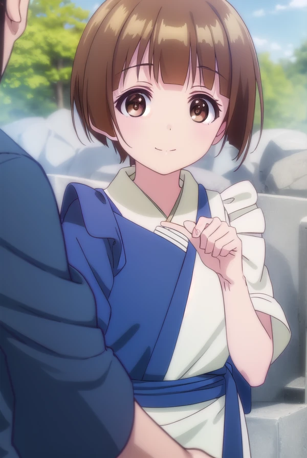 nakaichitose, <lora:nakai chitose s1-lora-nochekaiser:1>,
nakai chitose, short hair, brown hair, (brown eyes:1.3), bangs, blunt bangs, smile,
BREAK japanese clothes, kimono, apron, head scarf,
BREAK outdoors, hot spring, onsen,
BREAK looking at viewer, (cowboy shot:1.5),
BREAK <lyco:GoodHands-beta2:1>, (masterpiece:1.2), best quality, high resolution, unity 8k wallpaper, (illustration:0.8), (beautiful detailed eyes:1.6), extremely detailed face, perfect lighting, extremely detailed CG, (perfect hands, perfect anatomy),