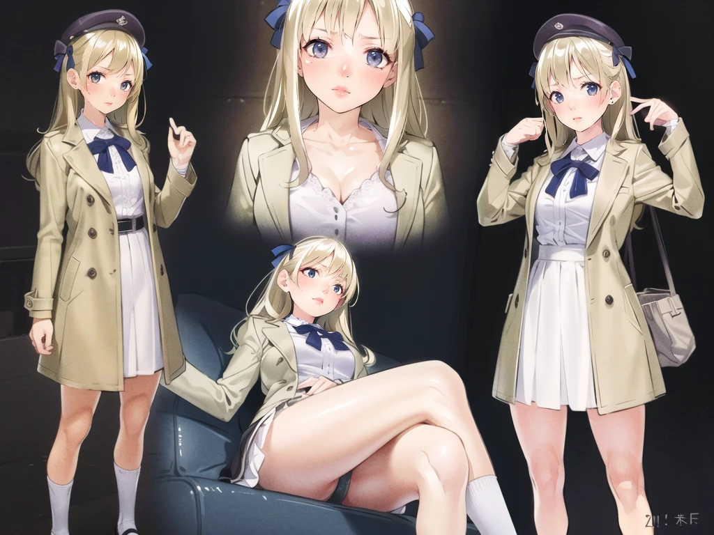 <lora:clear_anime_style_v1:0.9>multiple_views,SFW, girl, Shabby Chic aesthetic, from below, looking at viewer, teenager, mature, large Breasts, Average body, Excited, Gasping, arms up, crossed legs, Trench Coat, ribbon trim,