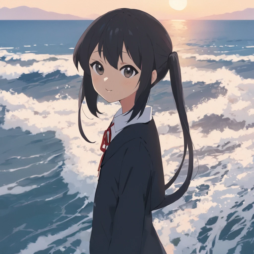 A masterpiece anime professional digital art of a girl named Nakano Azusa standing by ocean, closeup portrait, in style of Kyoto Animation, K-ON style <lora:azusa_xl-000012:1>