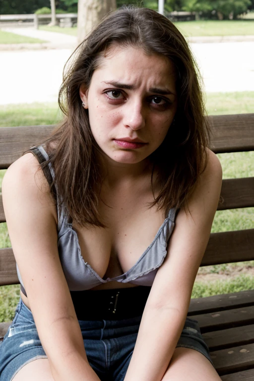 a woman sitting on a park bench with a dazed expression, dead eyes, vacant stare
<lora:dazed_v1:1.0>