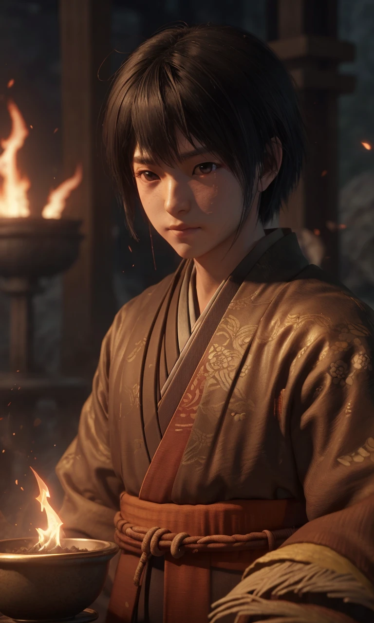 closeup, kurossdt2023, best quality, masterpiece, depth of field, 1boy, ancient Japan, focus on eyes, intricate, photorealistic, trending on arstation, magic powers, otherworldly, burning temple in background