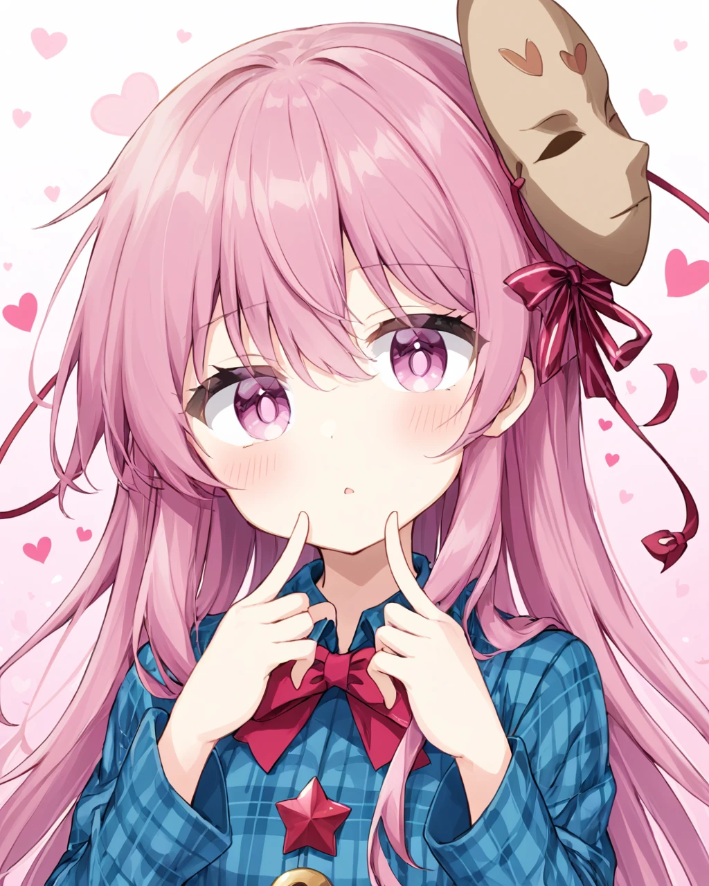 hata no kokoro,1girl, solo, triangle, plaid_shirt, long_sleeves, bowtie, heart, mask, blush, pink_background, upper_body, two_side_up, looking_at_viewer, white_background, hair_ribbon, circle, alternate_hairstyle, red_ribbon, simple_background, hand_on_own_chest, parted_lips, red_bow, blue_shirt, collared_shirt, pink_bow, x, hand_up, cross, star_\(symbol\)
<lora:hata_no_kokoro_image5070_2023-12-20:1>,star-shaped_pupils,symbol-shaped_pupils,. gorgeous,key visual, vibrant, studio anime,award-winning, professional, highly detailed,high budget, cinemascope