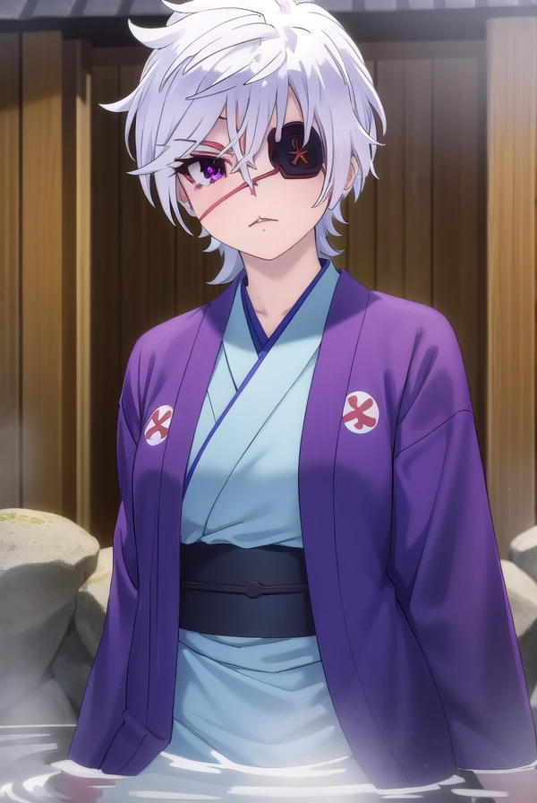 oboroshintou, <lora:oboro shintou s1-lora-nochekaiser:1>,
oboro shintou, (purple eyes:1.1), white hair, (eyepatch:1.5),
BREAK japanese clothes, kimono, blue kimono, haori,
BREAK outdoors, hot spring, onsen,
BREAK looking at viewer, (cowboy shot:1.5),
BREAK <lyco:GoodHands-beta2:1>, (masterpiece:1.2), best quality, high resolution, unity 8k wallpaper, (illustration:0.8), (beautiful detailed eyes:1.6), extremely detailed face, perfect lighting, extremely detailed CG, (perfect hands, perfect anatomy),