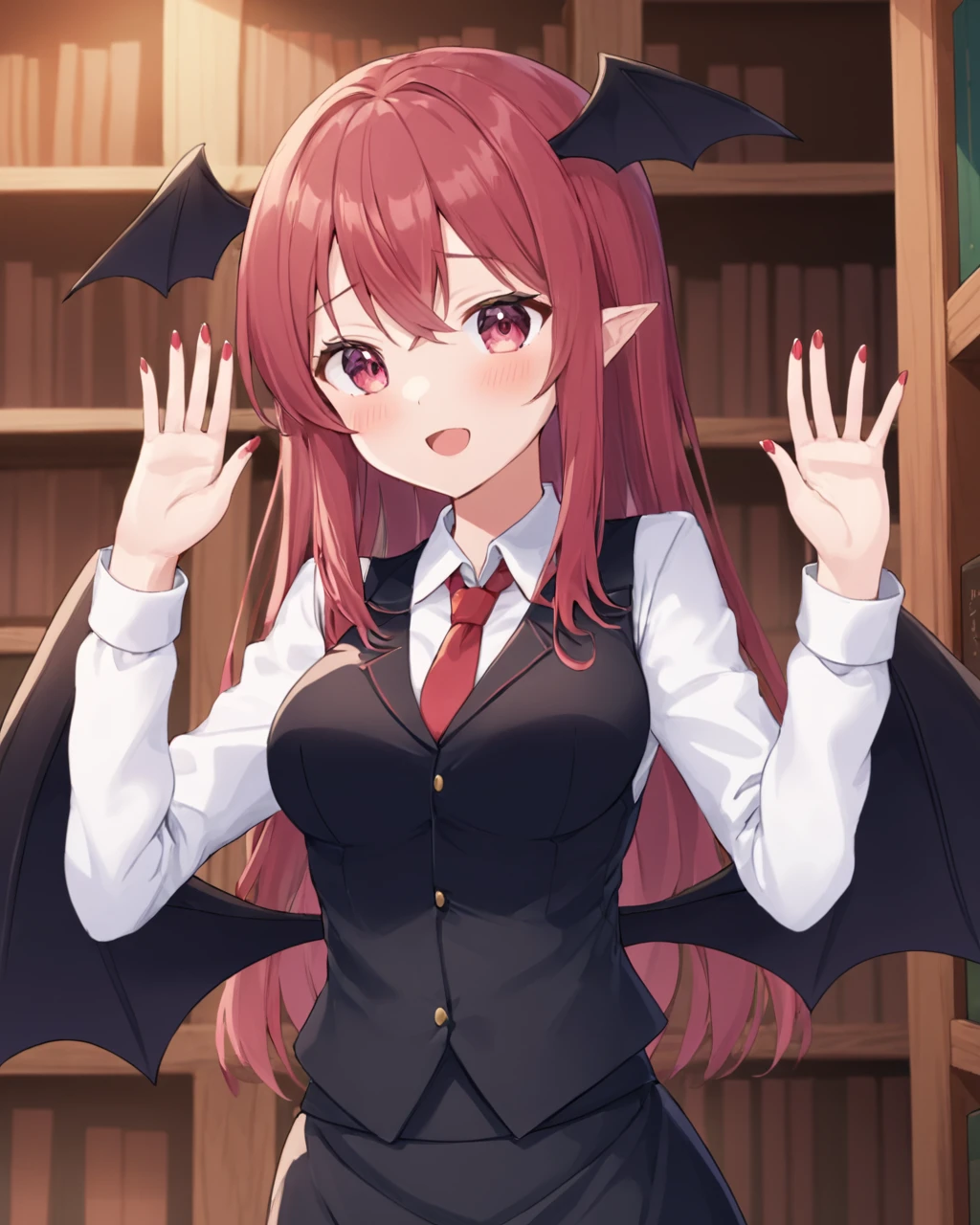 koakuma, head_wings, open_mouth, holding_microphone, long_sleeves, white_shirt, :d, 2girls, bookshelf, bat_wings, nail_polish, cowboy_shot, black_skirt, skirt_set, standing, medium_breasts, low_wings, red_necktie, indoors, pink_nails, v-shaped_eyebrows, book, black_vest, blush, solo_focus, wing_collar, hand_up, sidelocks, upper_teeth_only, speech_bubble, outstretched_arm, arm_up, red_nails, collared_shirt, singing
<lora:koakuma_image4390_2023-12-14-000008:1>,star-shaped_pupils,symbol-shaped_pupils,. gorgeous,key visual, vibrant, studio anime,award-winning, professional, highly detailed,high budget, cinemascope
