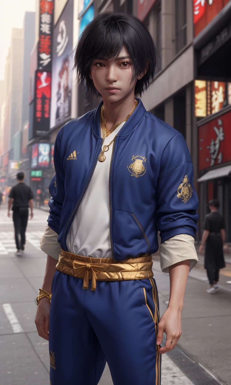 closeup, kurossdt2023, best quality, masterpiece, depth of field, 1boy, focus on eyes, intricate, photorealistic, trending on arstation, new york city, wearing blue tracksuit, gold chains, sneakers,