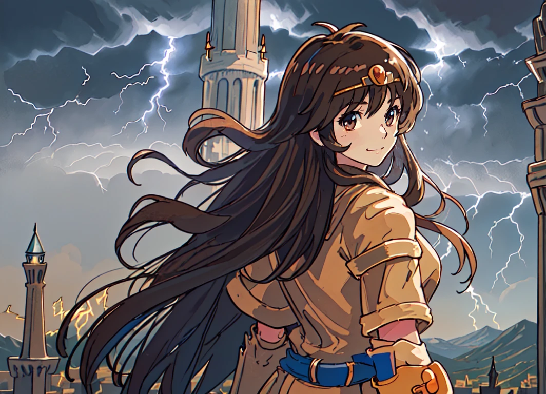 <lora:ki:0.8>,ki,masterpiece,best quality,super fine illustration,(upper_body:1.2),wind hair,catch one's hair,a sad smile,looking_back,((giant a tower:1.2)),((lightning:1.2)),fantasy,age of mythology,available light,