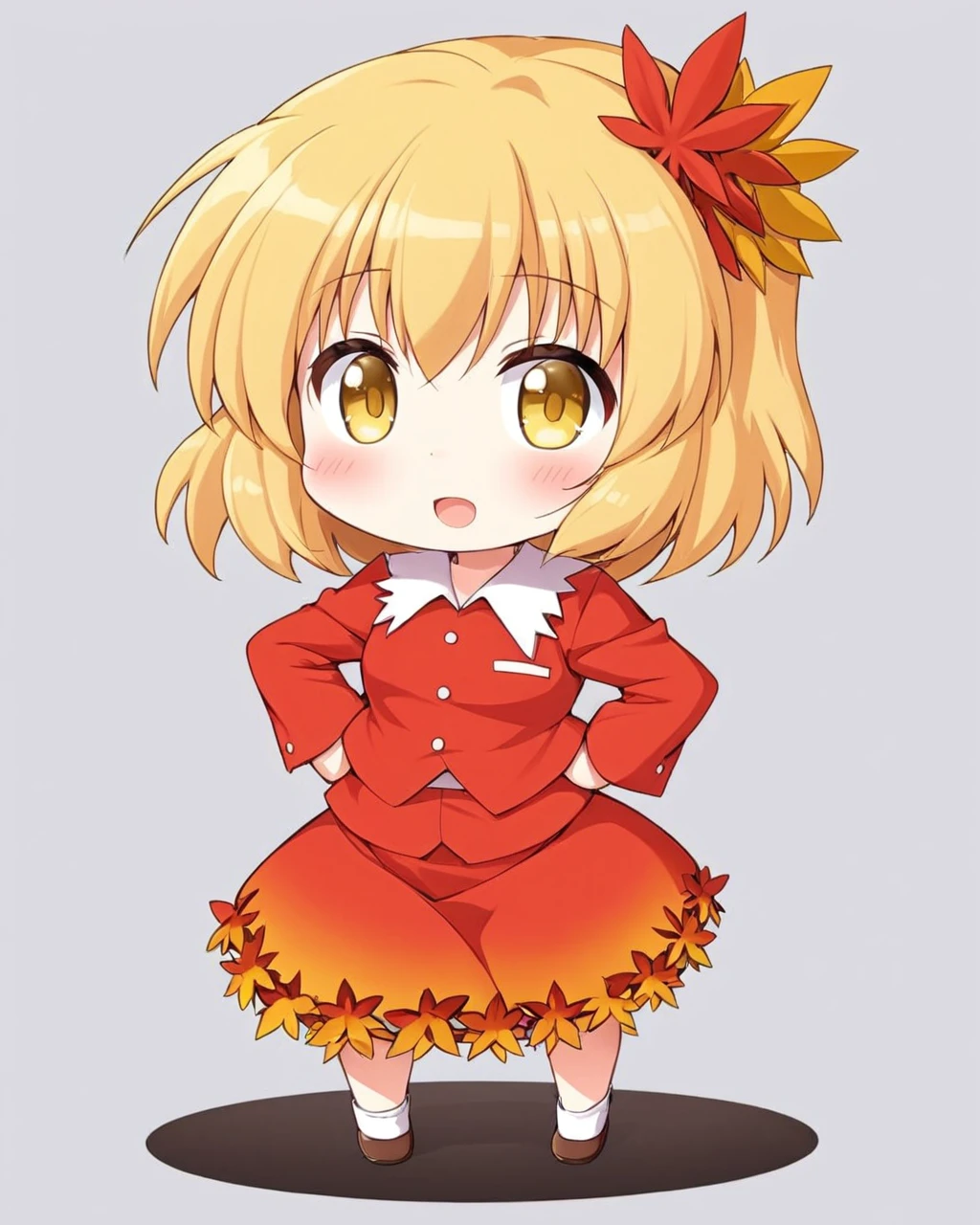 aki shizuha,1girl, solo, chibi, open_mouth, leaf_hair_ornament, leaf, hands_on_hips, :d, blush
<lora:aki_shizuha_image1876_2023-12-14:1>,star-shaped_pupils,symbol-shaped_pupils,. gorgeous,key visual, vibrant, studio anime,award-winning, professional, highly detailed,high budget, cinemascope