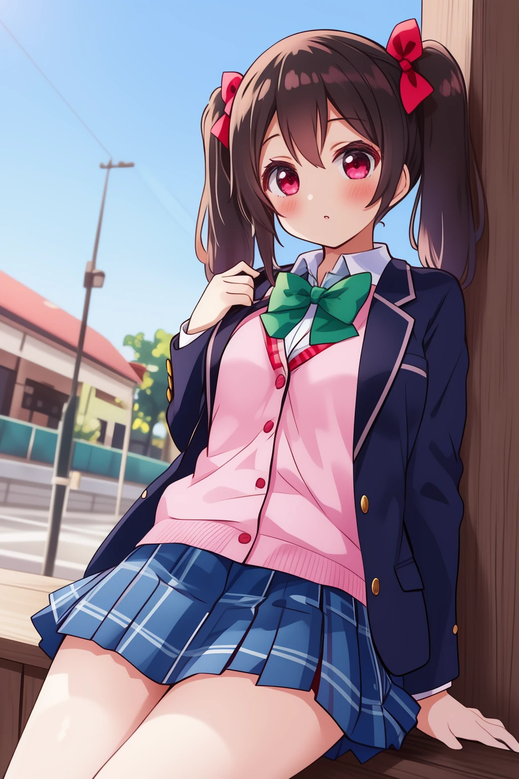 16k, highres, masterpiece, best quality,
niq, 1girl, solo, long hair, twintails, red eyes, small breasts,
yazawa nico, otonokizaka school uniform, blazer, blue plaid skirt,
BREAK
green bowtie,
<lora:Nico-quro_v1:0.8>