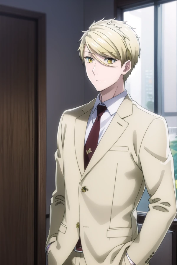 ryouamakusa, <lora:ryou amakusa s1-lora-nochekaiser:1>,
ryou amakusa, short hair, blonde hair, (yellow eyes:1.5), male focus, smile,
BREAK shirt, long sleeves, jacket, white shirt, necktie, pants, formal, blazer, suit, red necktie,
BREAK indoors, office,
BREAK looking at viewer, (cowboy shot:1.5),
BREAK <lyco:GoodHands-beta2:1>, (masterpiece:1.2), best quality, high resolution, unity 8k wallpaper, (illustration:0.8), (beautiful detailed eyes:1.6), extremely detailed face, perfect lighting, extremely detailed CG, (perfect hands, perfect anatomy),