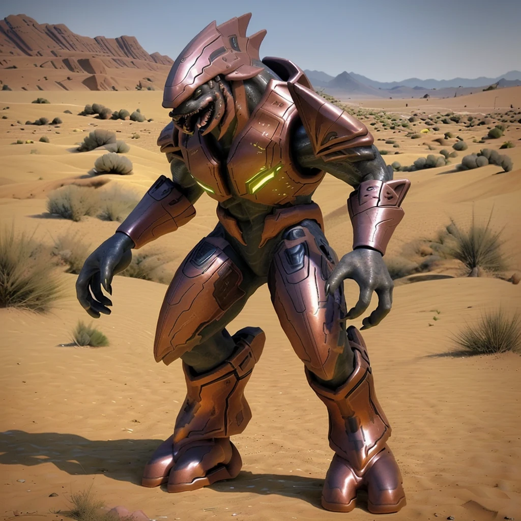 sangheili, alien, armor, red armor, helmet, bodysuit, desert, best quality, masterpiece, detailed, full body, happy, <lora:SangheiliV17-000003:1>