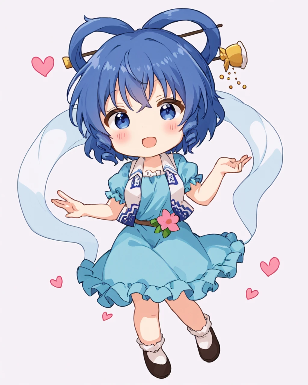 kaku seiga,1girl, solo, hair_stick, chibi, simple_background, white_background, hair_rings, white_vest, open_mouth, blue_dress, heart, full_body, looking_at_viewer, hagoromo, puffy_short_sleeves, standing, open_vest, :d, pink_flower, frills, blush, socks
<lora:kaku_seiga_image5477_2023-12-20-000009:1>,star-shaped_pupils,symbol-shaped_pupils,. gorgeous,key visual, vibrant, studio anime,award-winning, professional, highly detailed,high budget, cinemascope