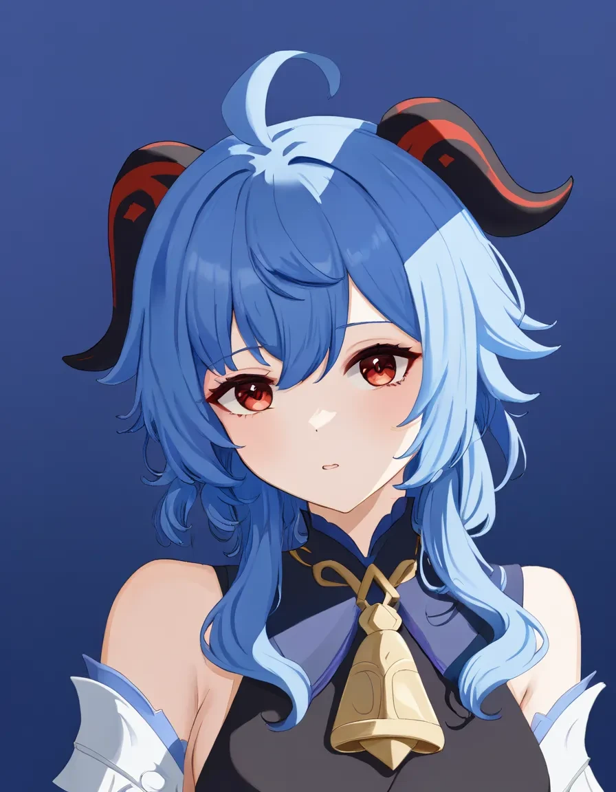 genshin impact ganyu 1girl, upper body, horns, blue hair, red eyes,