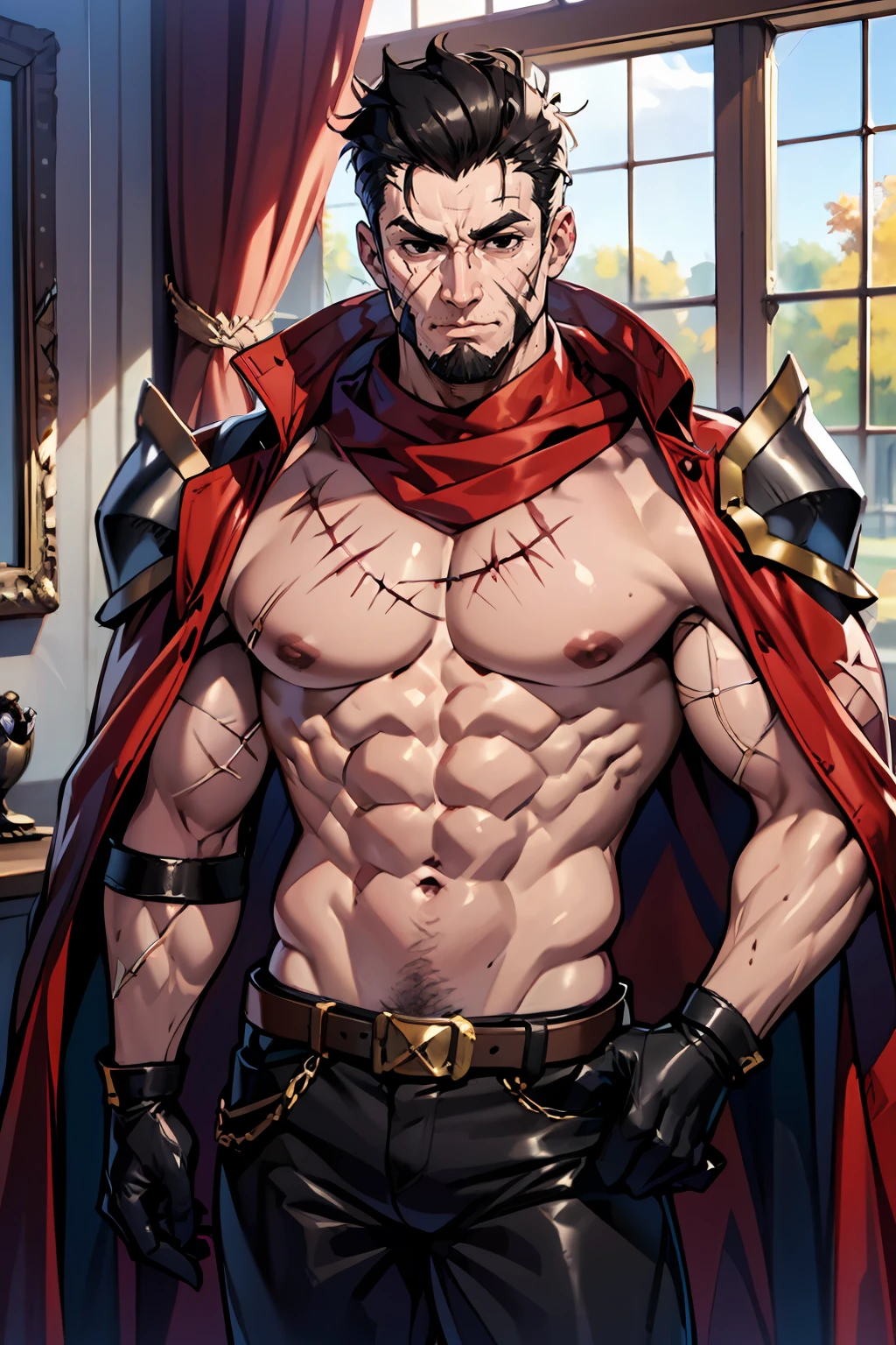 masterpiece, best quality, high quality, <lora:detail_slider_v4:2> <lora:age_slider_v6:3> short hair, black hair, black skin, (black eyes:1.5), dark-skinned male, facial hair, thick eyebrows, stubble, sideburns, gloves, black gloves, belt, armor, red armor, gloves, black gloves, belt, cape, armor, red armor, cloak, black cape, shirt, white shirt, muscular, pectorals, muscular male, bara, mature male, pectoral cleavage, nude, muscular, scar, pectorals, muscular male, bara, large pectorals, topless male, scar on chest,