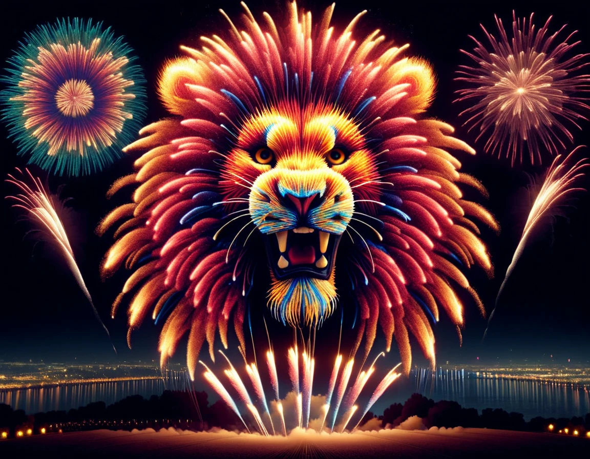 fireworkart, lion made of fireworks