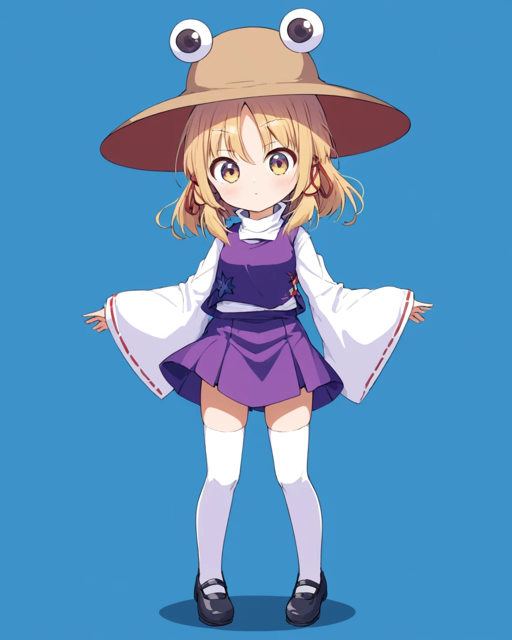 moriya suwako,1girl, solo, purple_vest, wide_sleeves, purple_skirt, hat, black_footwear, white_thighhighs, long_sleeves, white_shirt, full_body, red_ribbon, brown_headwear, hair_ribbon, looking_at_viewer, mary_janes, closed_mouth, blush, sidelocks, standing, simple_background, turtleneck, blue_background
<lora:moriya_suwako_image6645_2023-12-17-000007:1>,star-shaped_pupils,symbol-shaped_pupils,. gorgeous,key visual, vibrant, studio anime,award-winning, professional, highly detailed,high budget, cinemascope