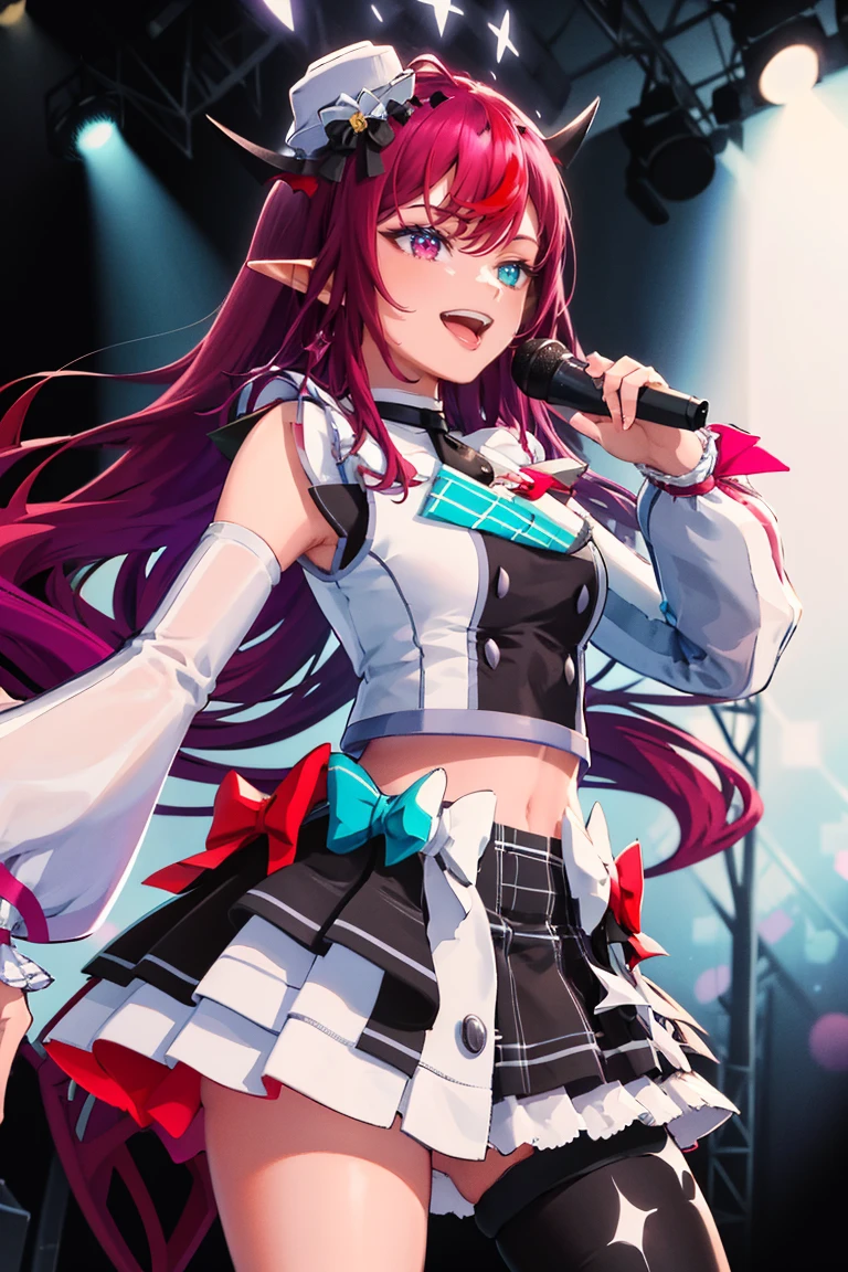 masterpiece, best quality, absurdres, IrysIdol, heterochromia, long hair, mini hat, hololive idol uniform, layered skirt, single sleeve, wrist cuffs, single thighhigh, on stage, showlights, audience, holding microphone, smile, :d, dynamic pose, <lora:CHAR-IRySv2:1>