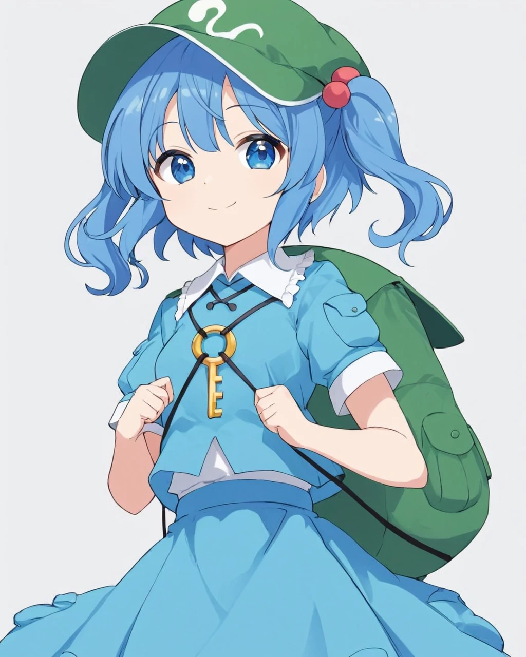 kawashiro nitori,1girl, solo, hair_bobbles, green_headwear, backpack, white_background, simple_background, smile, blue_skirt, flat_cap, two_side_up, short_sleeves, blue_shirt, key, sidelocks, looking_at_viewer, closed_mouth, pocket, v, twintails, skirt_set
<lora:kawashiro_nitori_image4714_2023-12-17:1>,star-shaped_pupils,symbol-shaped_pupils,. gorgeous,key visual, vibrant, studio anime,award-winning, professional, highly detailed,high budget, cinemascope