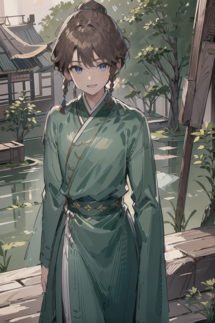 1boy, (Highest picture quality), (Master's work), (ultra-detailed), (Detailed eye description:1.2), (masterpiece, best quality, high quality, highres, ultra-detailed), solo, dark blue eyes, brown hair, braids, asymmetrical bangs, (bunch top of head:1.3), green clothes, trees, leaves in air, warm atmosphere, sunny day, walk throw street, chinese style, city, street, smiles, :D , back to the viewer, <lora:HuJia2:1>