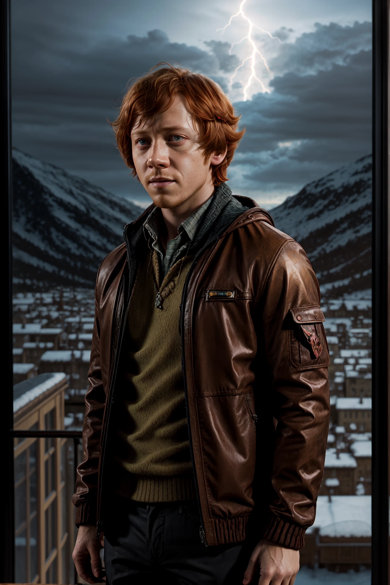 (RWRG, a good looking man, a male, a boy, short ginger hair:1.2), painting by Boris Vallejo, a amazing view to Hogwarts as background, Lightning and rays from dark clouds, Twilight mood, 8K, close-up, detailed, hdr, epic background, line art, digital illustration, comic style, dynamic, highly detailed, artstation, concept art, smooth, sharp focus, illustration, Thomas Moran style, art by Carne Griffiths and Wadim Kashin, detailed background, 60-30-10 color rule, warm tones, godrays, unreal engine, greg rutkowski, loish, rhads, beeple, makoto shinkai and lois van baarle, ilya kuvshinov, rossdraws, tom bagshaw, alphonse mucha, global illumination, detailed and intricate environment <lora:more_details:0.25> <lyco:GoodHands-beta2:1.0>