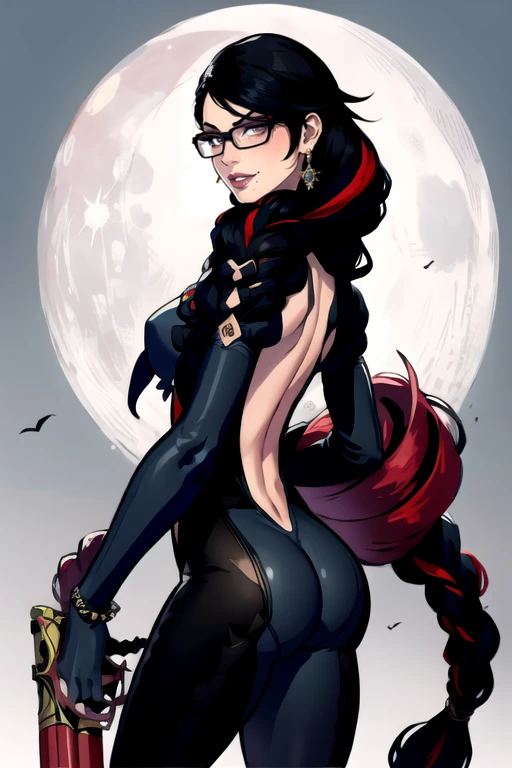 <lora:bayonetta:0.8>, bayonetta2,1girl,solo,long hair,looking at viewer,smile,black hair,gloves,jewelry,weapon,ass,braid,red hair,multicolored hair,earrings,glasses,looking back,mole,twin braids,streaked hair,gun,clothing cutout,makeup,moon,lipstick,mole under mouth,eyeshadow,back cutout,
