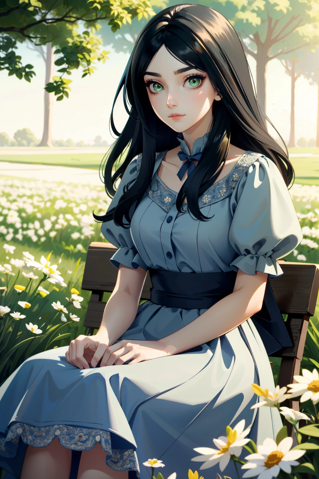 ((ultra detailed, masterpiece, best quality))
<lora:AliceMadness:0.8>
AliceMadness, 1girl, solo, long hair, black hair, green eyes, Amidst a field of daisies, bohemian-inspired maxi dress, warm sunlight filtering through, sitting with a bouquet and a serene expression