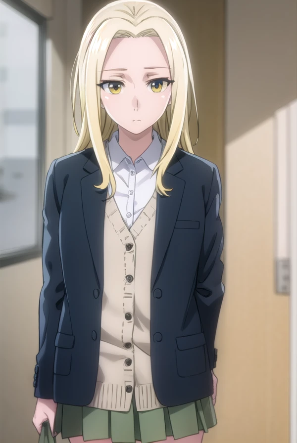 rioamakusa, <lora:rio amakusa s1-lora-nochekaiser:1>,
rio amakusa, long hair, blonde hair, (yellow eyes:1.2), (forehead:1.2),
BREAK skirt, shirt, long sleeves, school uniform, jacket, white shirt, pleated skirt, socks, miniskirt, blazer, cardigan, green skirt,
BREAK indoors, classroom,
BREAK looking at viewer, (cowboy shot:1.5),
BREAK <lyco:GoodHands-beta2:1>, (masterpiece:1.2), best quality, high resolution, unity 8k wallpaper, (illustration:0.8), (beautiful detailed eyes:1.6), extremely detailed face, perfect lighting, extremely detailed CG, (perfect hands, perfect anatomy),