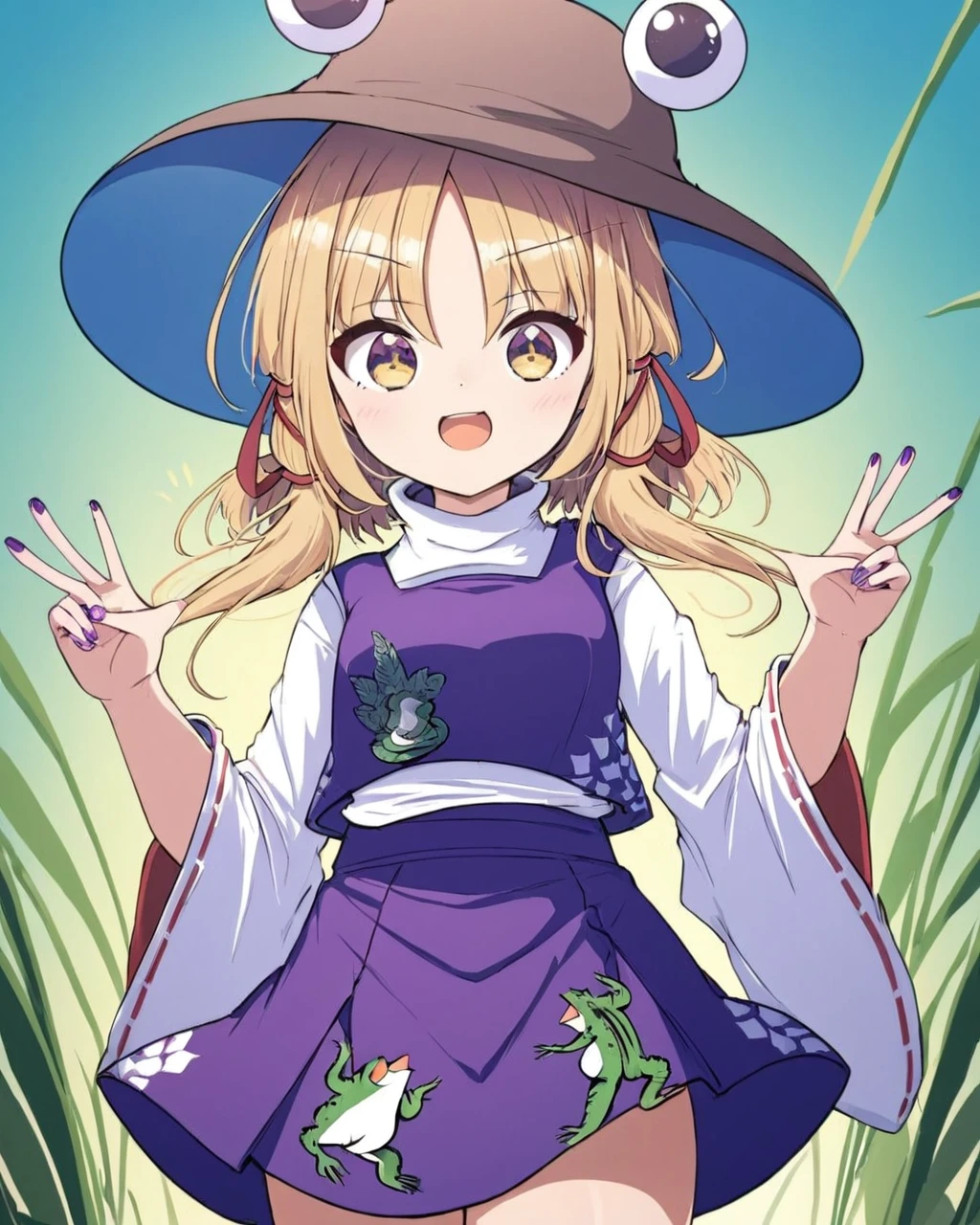 moriya suwako,1girl, purple_vest, white_shirt, nail_polish, open_mouth, solo, long_sleeves, purple_nails, red_ribbon, hat, purple_skirt, brown_headwear, frog_print, wide_sleeves, print_skirt, skirt_set, upper_teeth_only, smile, looking_at_viewer, animal, hair_ribbon, turtleneck, v-shaped_eyebrows
<lora:moriya_suwako_image6645_2023-12-17-000007:1>,star-shaped_pupils,symbol-shaped_pupils,. gorgeous,key visual, vibrant, studio anime,award-winning, professional, highly detailed,high budget, cinemascope