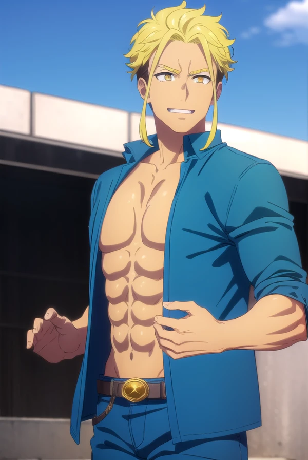 kenichirouryuuzaki, <lora:kenichirou ryuuzaki s1-lora-nochekaiser:1>,
kenichirou ryuuzaki, short hair, blonde hair, black hair, male focus, multicolored hair, two-tone hair, (yellow eyes:1.5), smile, grin,
BREAK shirt, open clothes, pants, open shirt, muscular, abs, blue shirt, pectorals, muscular male,
BREAK outdoors, city, sun, sky, clouds,
BREAK looking at viewer, (cowboy shot:1.5),
BREAK <lyco:GoodHands-beta2:1>, (masterpiece:1.2), best quality, high resolution, unity 8k wallpaper, (illustration:0.8), (beautiful detailed eyes:1.6), extremely detailed face, perfect lighting, extremely detailed CG, (perfect hands, perfect anatomy),