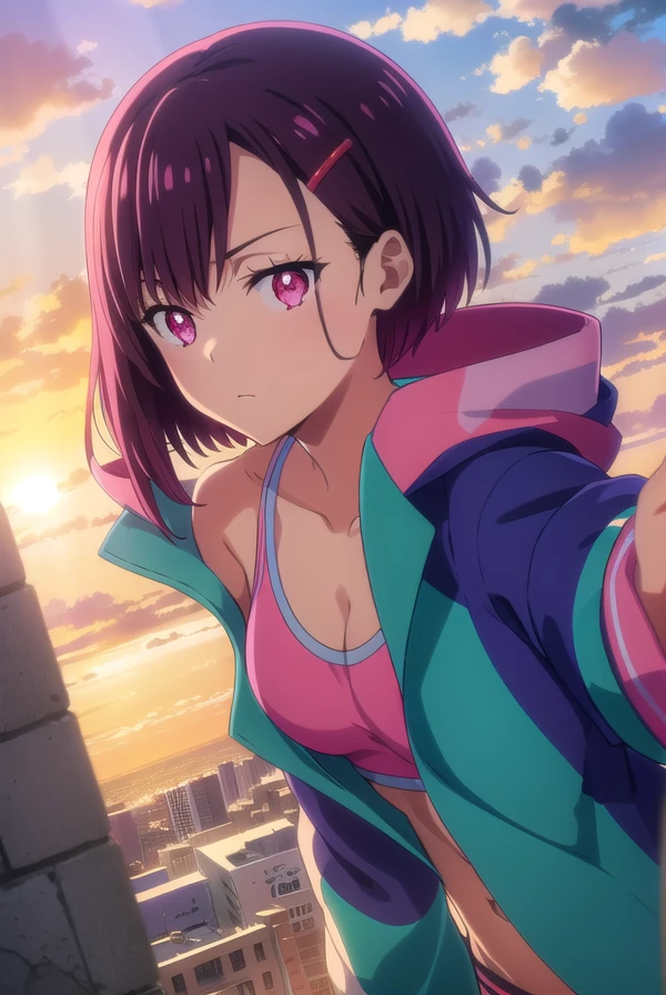 shizukamikazuki, <lora:shizuka mikazuki s1-lora-nochekaiser:1>,
shizuka mikazuki, short hair, purple hair, hair ornament, hairclip, (pink eyes:1.5), swept bangs,
BREAK navel, cleavage, jacket, open clothes, midriff, hood, open jacket, blue jacket, hooded jacket, sports bra, hood down,
BREAK outdoors, city, sky, sun, clouds, buildings,
BREAK looking at viewer,
BREAK <lyco:GoodHands-beta2:1>, (masterpiece:1.2), best quality, high resolution, unity 8k wallpaper, (illustration:0.8), (beautiful detailed eyes:1.6), extremely detailed face, perfect lighting, extremely detailed CG, (perfect hands, perfect anatomy),
