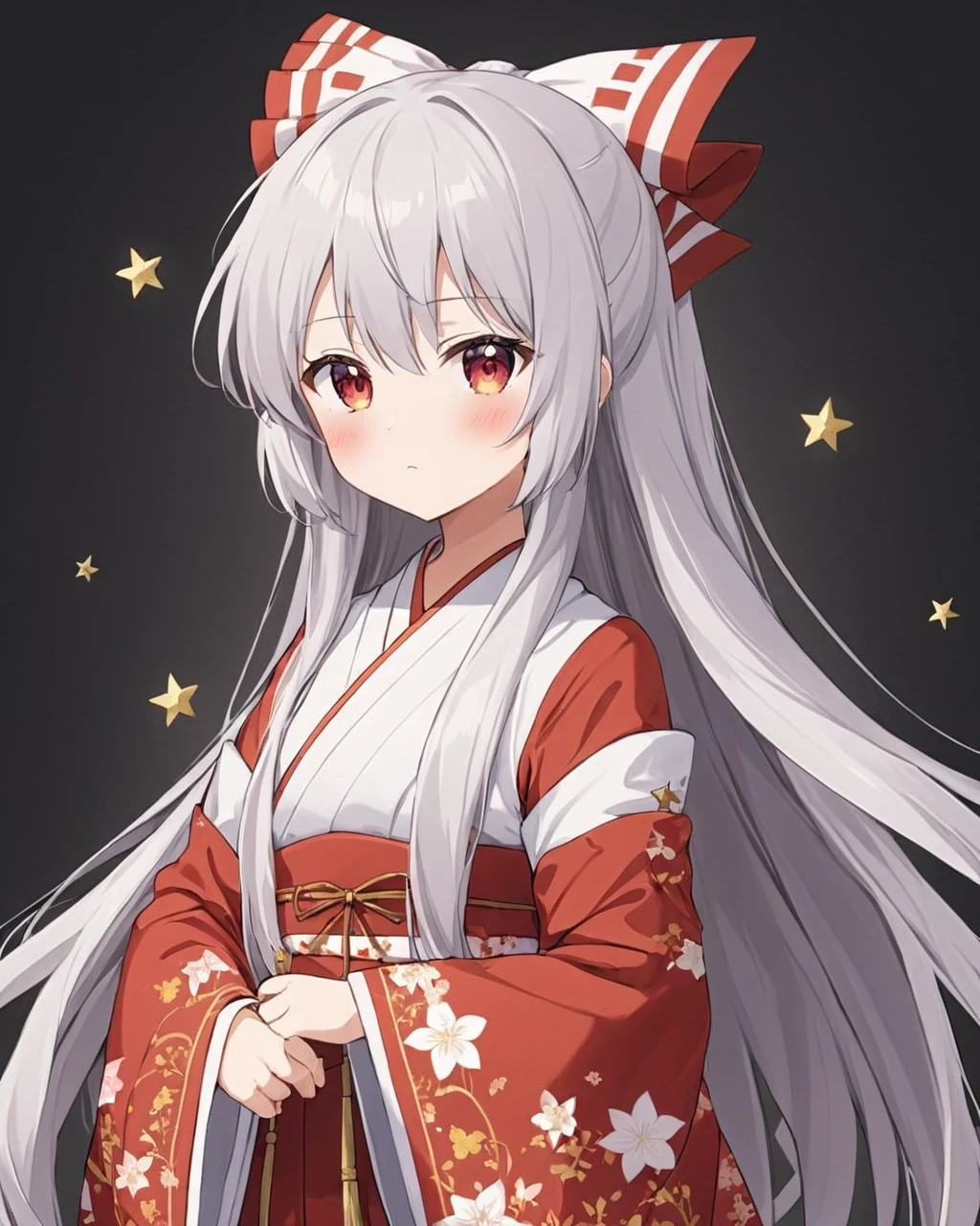 fujiwara no mokou,1girl, solo, long_sleeves, black_background, hair_bow, simple_background, closed_mouth, white_bow, blush, red_bow, looking_at_viewer, standing, floral_print, alternate_costume, wide_sleeves, hanfu, white_shirt
<lora:fujiwara_no_mokou_image4672_2023-12-14-000008:1>,star-shaped_pupils,symbol-shaped_pupils,. gorgeous,key visual, vibrant, studio anime,award-winning, professional, highly detailed,high budget, cinemascope