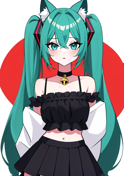 <lora:miku:0.8>, hatsune_miku, 1girl, solo, long hair, looking at viewer, blush, bangs, skirt, long sleeves, navel, animal ears, hair between eyes, bare shoulders, twintails, very long hair, heart, cowboy shot, pleated skirt, frills, parted lips, detached sleeves, choker, midriff, cat ears, hand up, miniskirt, black skirt, off shoulder, stomach, aqua eyes, crop top, animal ear fluff, bell, aqua hair, tattoo, black choker, blush stickers, cat girl, jingle bell, neck bell, kemonomimi mode, spaghetti strap, number tattoo