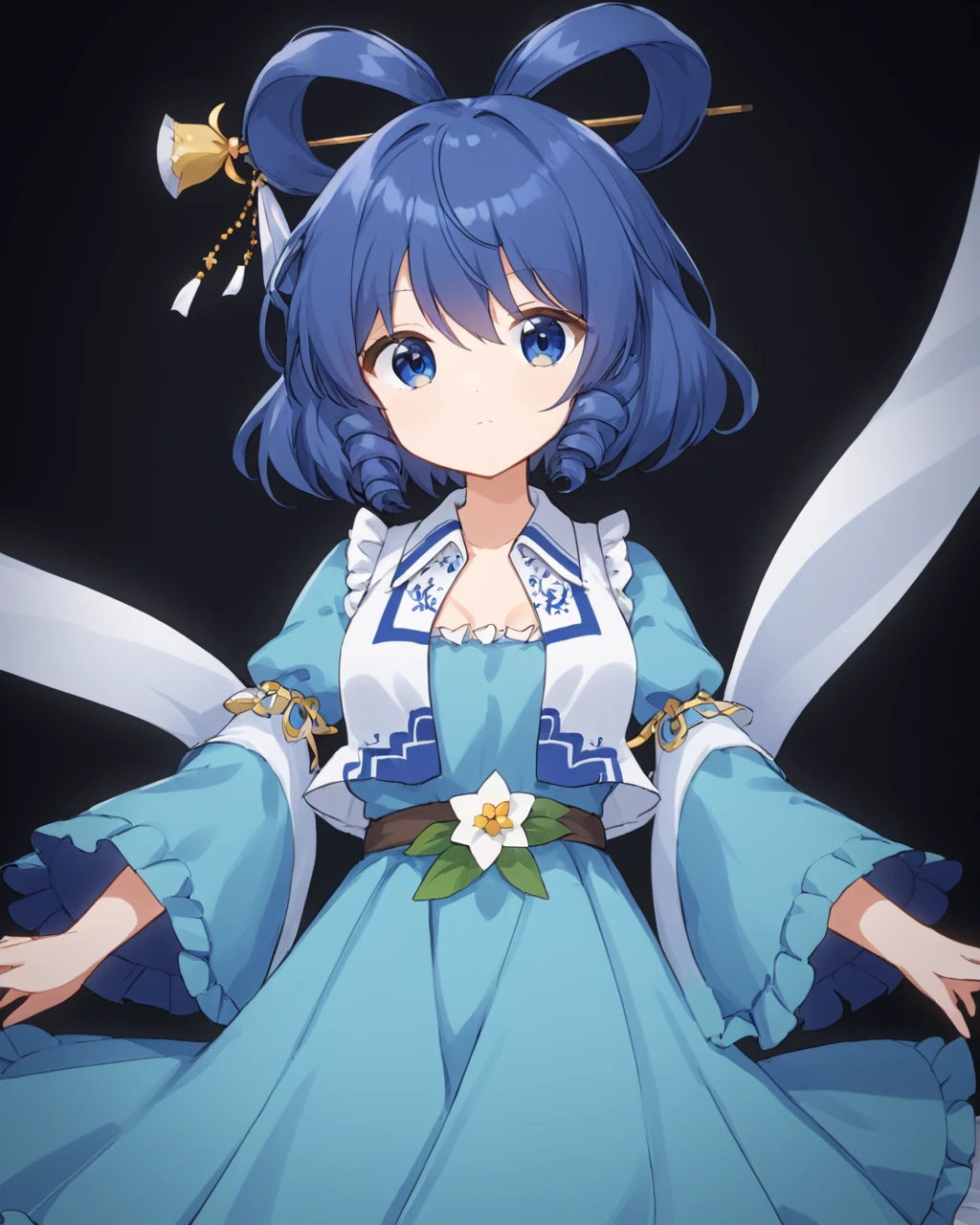 kaku seiga,1girl, solo, hair_rings, hagoromo, looking_at_viewer, hair_stick, blue_dress, white_vest, one-hour_drawing_challenge, wide_sleeves, puffy_sleeves, white_flower, black_background
<lora:kaku_seiga_image5477_2023-12-20-000009:1>,star-shaped_pupils,symbol-shaped_pupils,. gorgeous,key visual, vibrant, studio anime,award-winning, professional, highly detailed,high budget, cinemascope