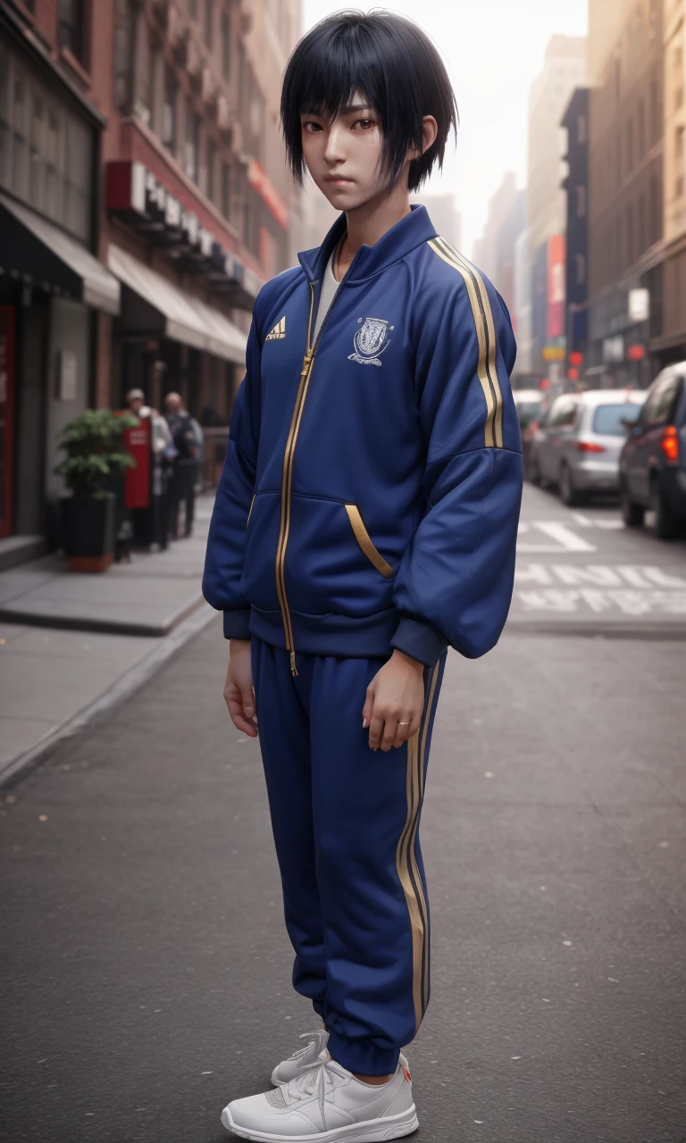 closeup, kurossdt2023, best quality, masterpiece, depth of field, 1boy, focus on eyes, intricate, photorealistic, trending on arstation,  new york city, wearing blue tracksuit, gold chains, sneakers,