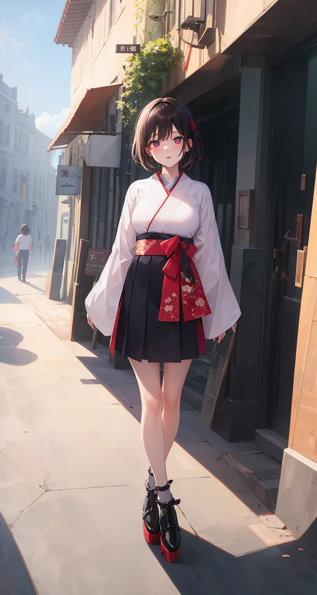 ((((ultra illustrated style:1.0)))),best quality,best animated,masterpiece,ray tracing, global illumination,Taisho's romantic,1girl, solo, full body, looking at viewer, outdoors, 
 <lora:Taisho's romantic-000006:0.9>