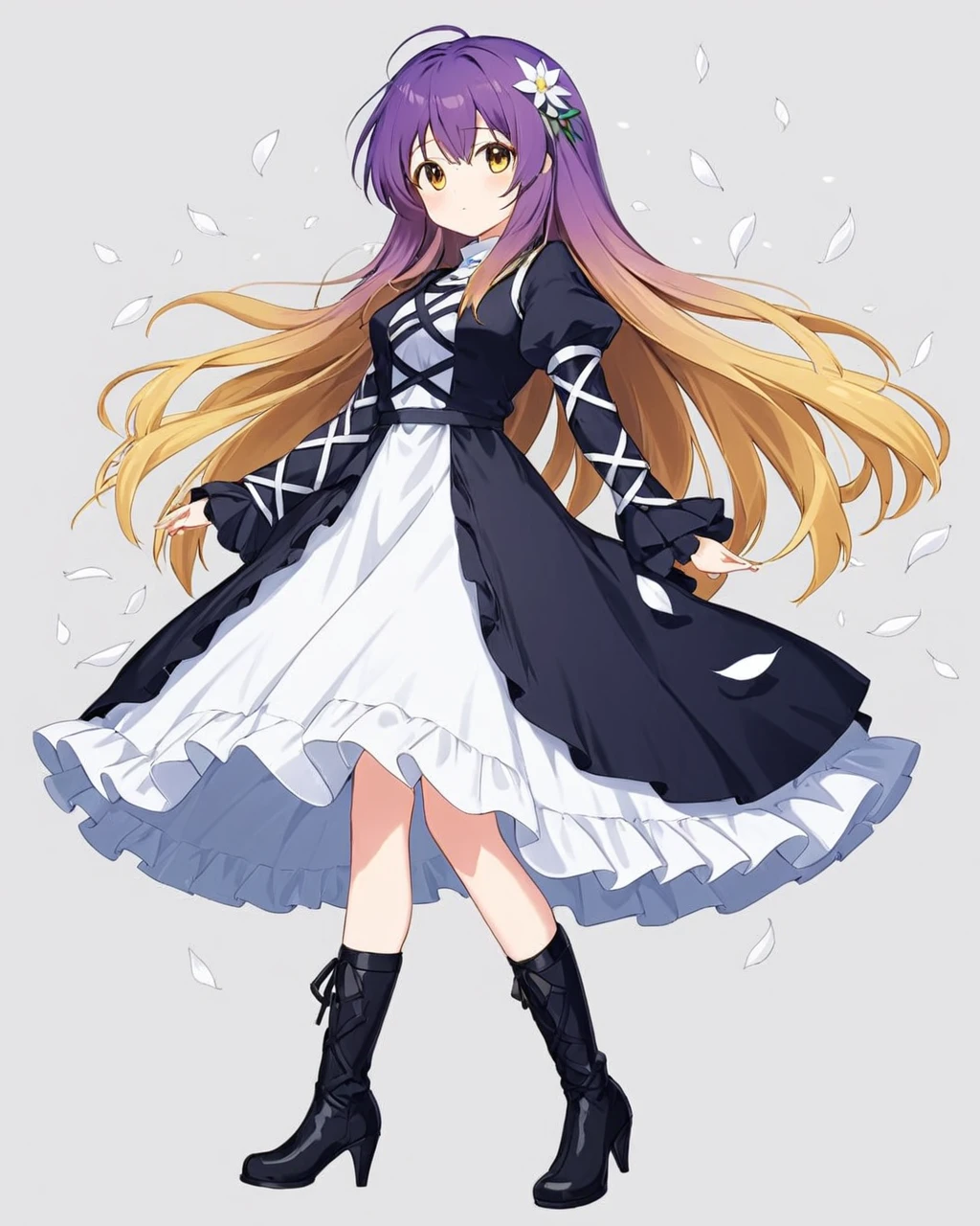 hijiri byakuren,1girl, solo, full_body, black_footwear, layered_dress, boots, looking_at_viewer, black_dress, simple_background, ribbon, closed_mouth, high_heels, white_dress, standing, juliet_sleeves, grey_background, frills, petals, white_flower, blush
<lora:hijiri_byakuren_image2907_2023-12-20:1>,star-shaped_pupils,symbol-shaped_pupils,. gorgeous,key visual, vibrant, studio anime,award-winning, professional, highly detailed,high budget, cinemascope