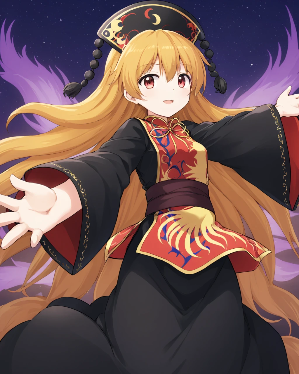 junko \(touhou\),1girl, solo, open_mouth, chinese_clothes, tabard, long_sleeves, wide_sleeves, black_dress, hat, smile, looking_at_viewer, sash, outstretched_arms, ribbon, multiple_tails, fox_tail
<lora:junko_(touhou)_image6079_2023-12-20-000007:1>,star-shaped_pupils,symbol-shaped_pupils,. gorgeous,key visual, vibrant, studio anime,award-winning, professional, highly detailed,high budget, cinemascope