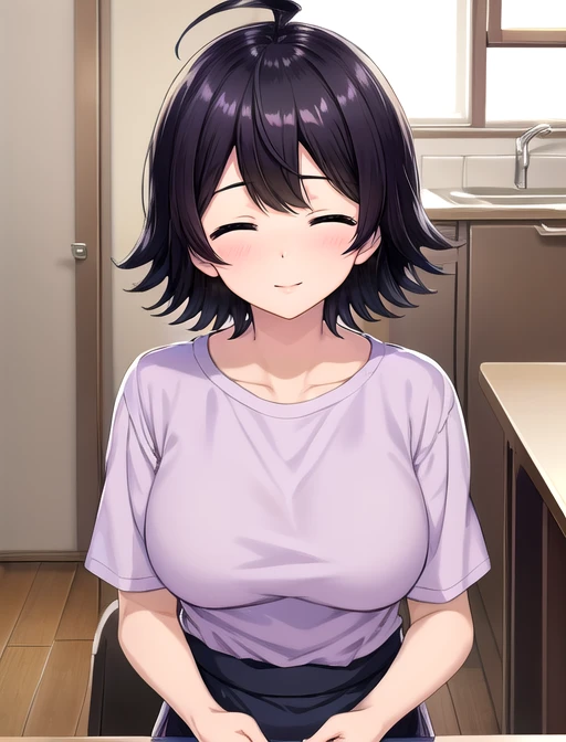 best quality, masterpiece, highres, detailed, digital illustration, <lora:Tools - add_detail:0.2>, SaikiKurumi, short hair, black hair, swept bangs, purple shirt, blue apron, mature woman, ahoge, <lora:SaikiKurumi-10:0.8>, closed eyes, ^_^