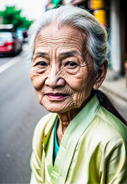 1 woman, close up, da nhan, vn, wrinkles, solo, standing on the street, casual outfit, RAW photo, (high detailed skin:1.2), 8k uhd, dslr, soft lighting, high quality, film grain, Fujifilm XT3, visible pores