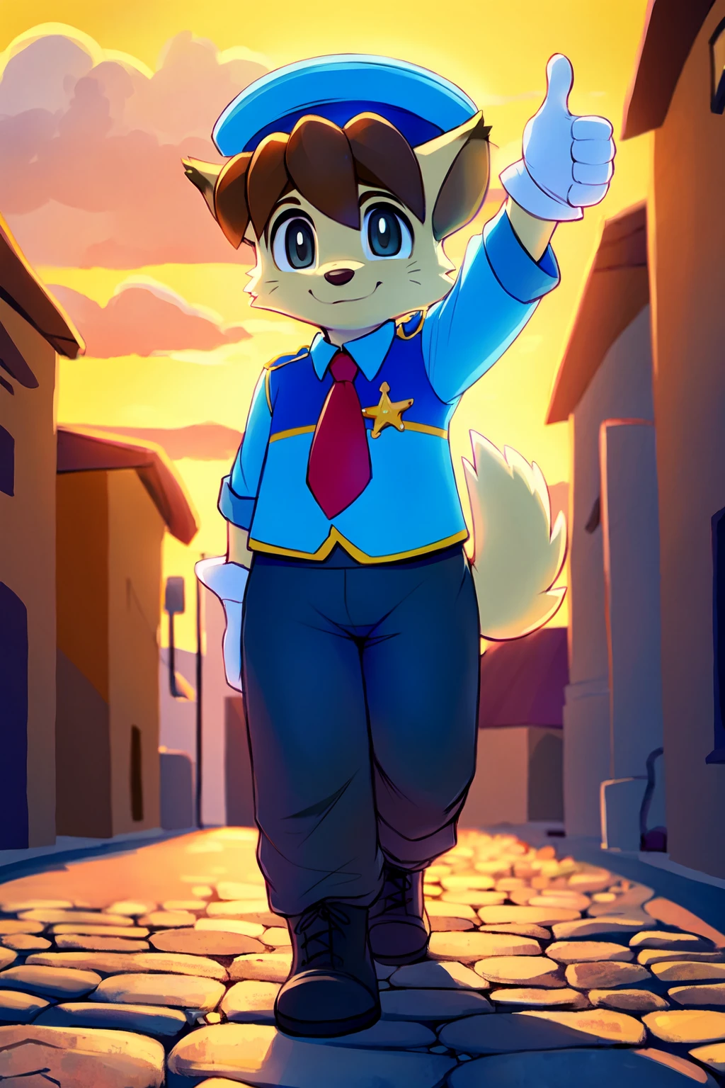waffletc, 1boy, solo, (by kekitopu:.7), smooth lighting, furry male, dog boy, walking, police uniform, police hat, boots, gloves, short sleeves, badge, pants, animal nose, animal ears, grey eyes, detailed eyes, body fur, whiskers, brown hair, smile, tail red necktie, full body, (arm up, thumbs up:1.3), (masterpiece, best quality, insane detail:1.3), detailed background, outdoors, town, building, cobblestone path, sunset blue sky, clouds, cloud, 8k, hdr <lora:waffleTC:1>