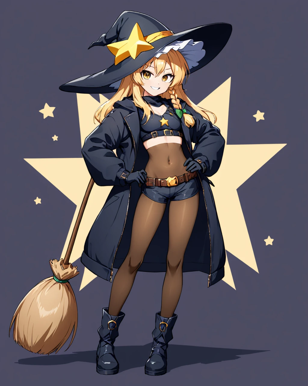 kirisame marisa, 1girl, solo, navel, witch_hat, character_name, full_body, grin, boots, adapted_costume, looking_at_viewer, long_sleeves, hand_on_hip, holding_broom, black_footwear, black_jacket, star_\(symbol\), standing, black_shorts, midriff, open_jacket, copyright_name, black_pantyhose, simple_background, english_text, single_braid, teeth, short_shorts, crop_top, black_headwear, belt, brown_pantyhose, stomach, alternate_costume, black_gloves, shirt, groin
<lora:kirisame_marisa_image6213_2023-12-11-000007:1>,star-shaped_pupils,symbol-shaped_pupils,. gorgeous,key visual, vibrant, studio anime,award-winning, professional, highly detailed,high budget, cinemascope