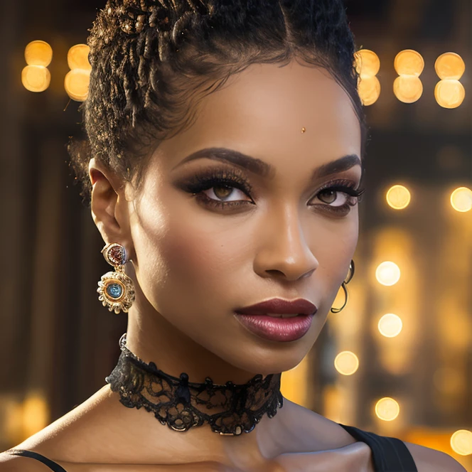 (masterpiece:1.2), (best quality,:1.2), 8k, HDR, ultra detailed, ((photorealistic)), professional light, cinematic lighting, fashion photography, ambient lighting, face lighting, Sarai, <lora:Sarai-10:1>, dynamic pose, earrings, dark makeup, choker, necklace, ((portrait shot)), <lora:detail_slider_v4:2>, OverallDetail, ffhanddetail, ffacedetail, skindetail,