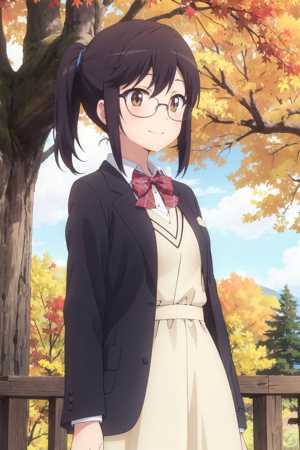 <lora:0 nonhotaru:1>,nonhotaru,eyewear,in autumn,1girl,solo,Side ponytail,blazer,bowtie,dress,happy,