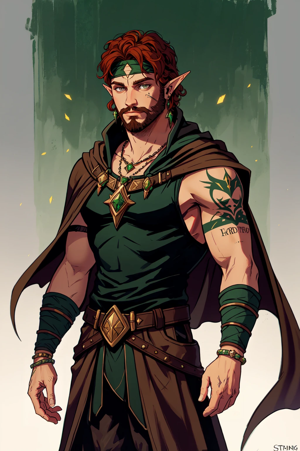 solo, green headband, pointy ears, half-elf, auburn hair, curly hair, 1boy, jewelry, cape, male focus, earrings, necklace, grey eyes, tattoo, facial hair, stubble, beard, mature male, brown tunic, fantasy painting, leather pants, cloak, elf ranger,