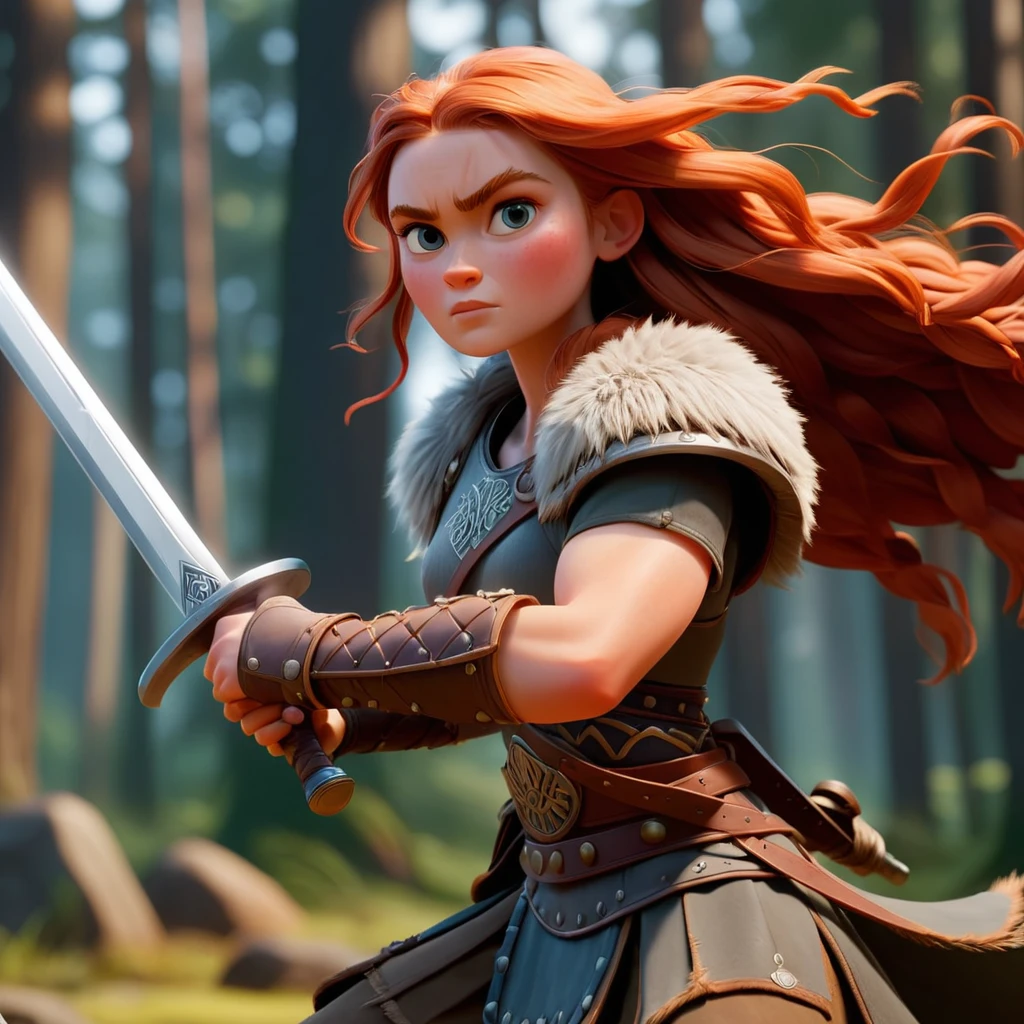 Pixar animation of a pretty viking warrior woman wielding a heavy sword in battle , <lora:sasink_xl_1_standard_merged_30_35_72_05_02_04:1>
