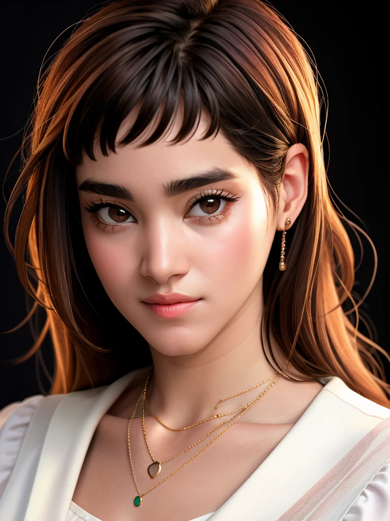 Realistic photo of a beautiful s0f14b woman,1girl,solo,long hair,looking at viewer,bangs,simple background,brown hair,black hair,brown eyes,jewelry,blunt bangs,necklace,lips,portrait,realistic,nose,soft lighting, professional Photography, Photorealistic, detailed, RAW, analog, sharp focus, 8k, HD, high quality, masterpiece<lora:s0f14b:1.0>