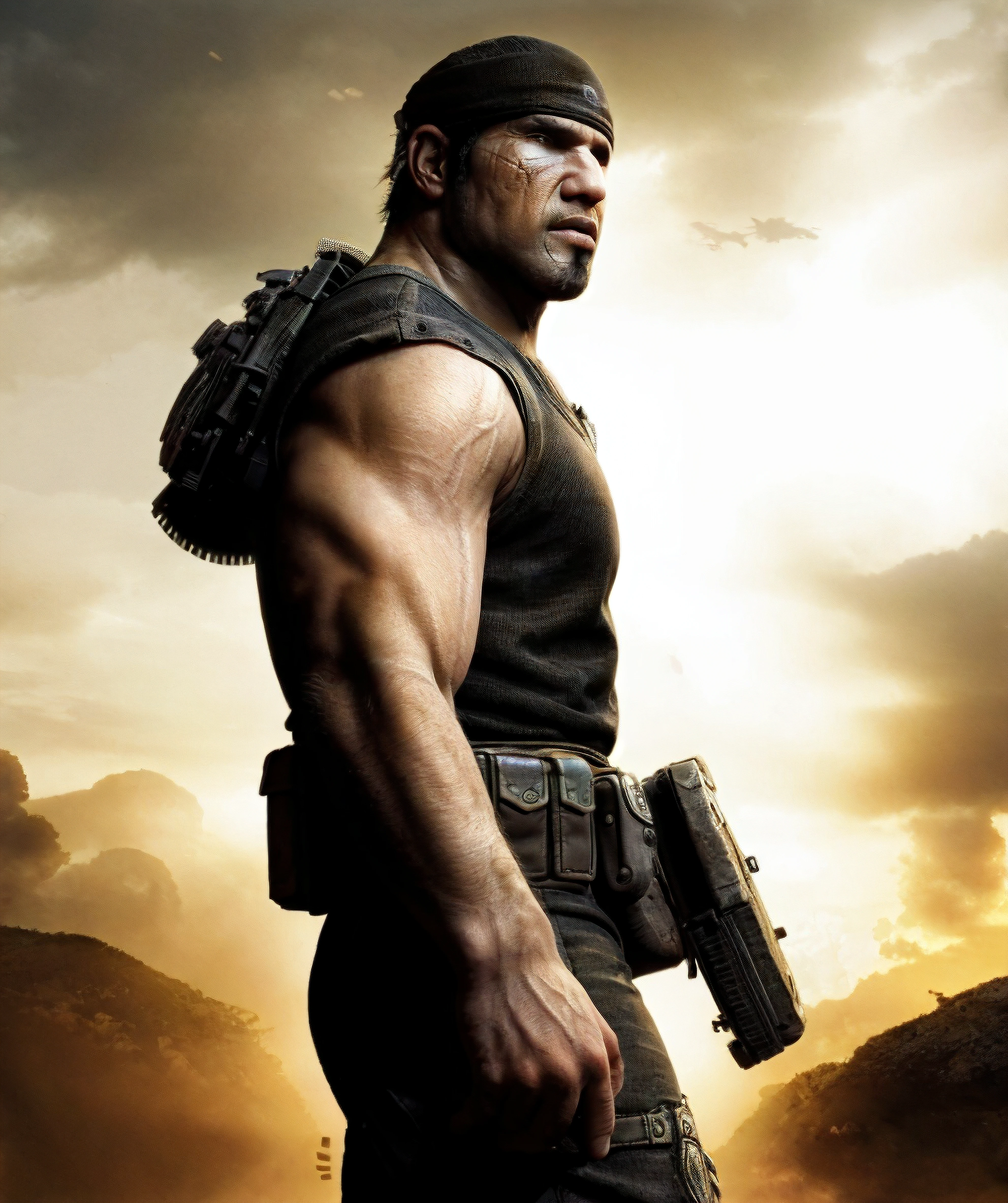og_marcus_fenix, muscular, outdoor, gears of war setting, battlefield <lora:OG_Marcus_Fenix:0.85>
