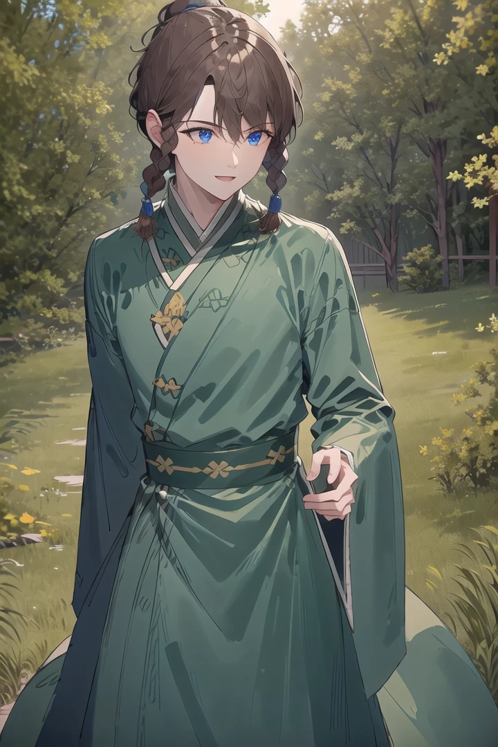 1boy, (Highest picture quality), (Master's work), (ultra-detailed), (Detailed eye description:1.2), (masterpiece, best quality, high quality, highres, ultra-detailed), solo, dark blue eyes, brown hair, braids, asymmetrical bangs, (bunch top of head:1.3), green clothes, trees, leaves in air, warm atmosphere, sunny day, walk throw street, chinese style, city, street, smiles, :D , back to the viewer, <lora:HuJia2:1>