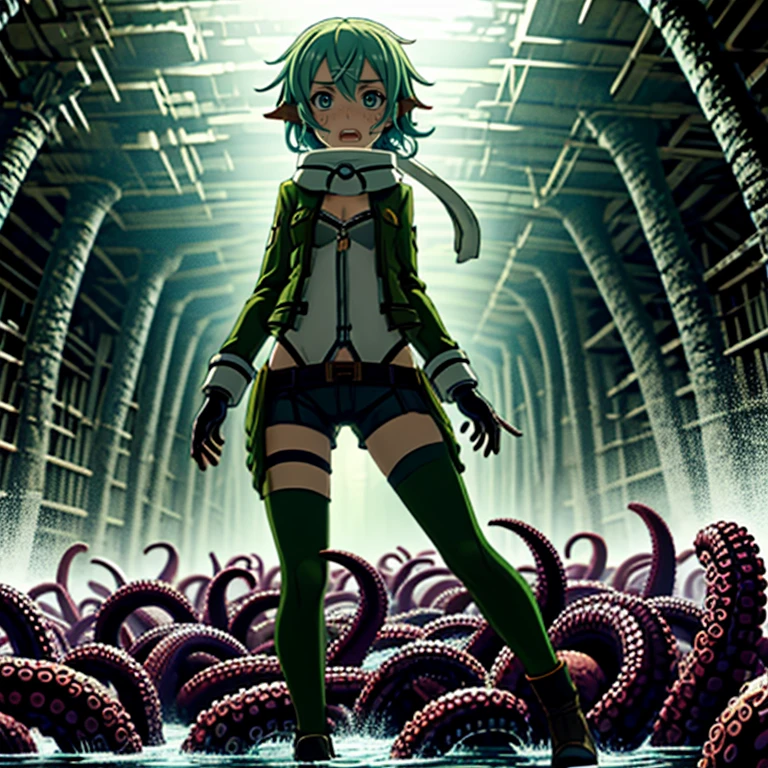 <lora:LCM_LoRA_Weights_SD15:1>,masterpiece,best quality,highly detailed,1girl,solo,scared,exhausted,constricted pupils,sweat,sweatdrop,screaming,raised eyebrows,
<lora:sinon_v5:0.75>, sinon1,scarf,fingerless gloves,long sleeves,short shorts,hair ornament,hairclip,green thighhighs,green jacket,thigh strap,
BREAK
<lora:tentacleLake:0.4>,tentacles,(((standTentacles,standing on too many tentacles,standing))),lake,underground,dungeon,full body,