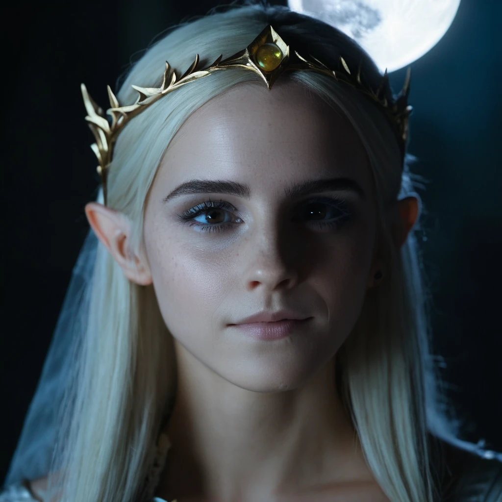 High quality closeup portrait photo of a high elven princess, (illuminated by moonlight), Nikon Z9, skin texture visible, (sharp focus), (high quality)